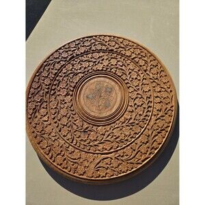 Vintage 14" Hand-Carved Sheesham Wood Wall Plaque – Brass Floral inlet